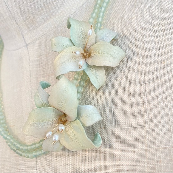 Light Sea Glass Green beaded Strands & Lilies with Faux Pearl Necklace - Picture 2 of 5
